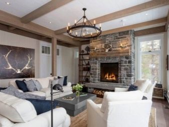 Інтер’єр вітальні з каміном в приватному будинку (72 фото): дизайн камінної зали в дерев’яному заміському будинку, установка каміна в центрі і інші варіанти