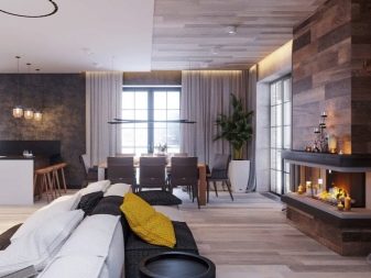 Інтер’єр вітальні з каміном в приватному будинку (72 фото): дизайн камінної зали в дерев’яному заміському будинку, установка каміна в центрі і інші варіанти