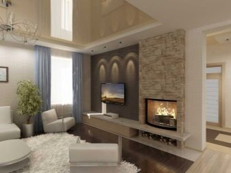 Інтер’єр вітальні з каміном в приватному будинку (72 фото): дизайн камінної зали в дерев’яному заміському будинку, установка каміна в центрі і інші варіанти