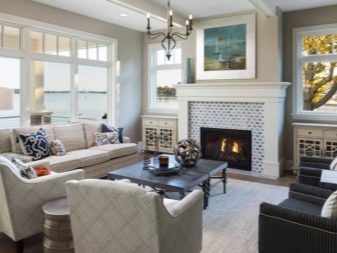 Інтер’єр вітальні з каміном в приватному будинку (72 фото): дизайн камінної зали в дерев’яному заміському будинку, установка каміна в центрі і інші варіанти