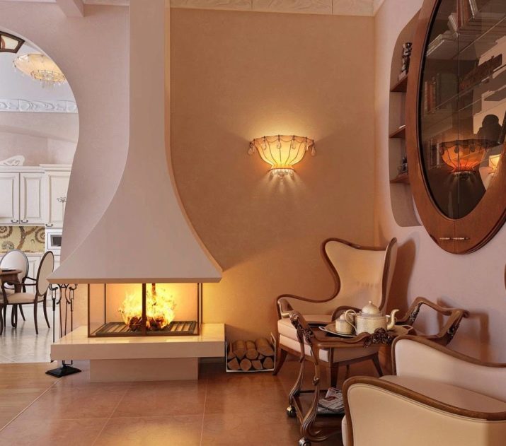 Інтер’єр вітальні з каміном в приватному будинку (72 фото): дизайн камінної зали в дерев’яному заміському будинку, установка каміна в центрі і інші варіанти