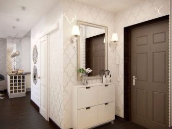 Шпалери в коридор, передпокій (121 фото): дизайн шпалер, вибір в передпокій з темними і світлими дверима, миються сірі і смугасті, білі і зелені шпалери в інтер’єрі